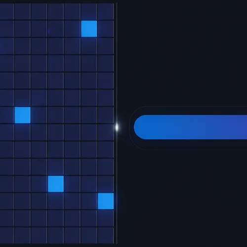 A dense grid of individual evaluation score tiles next to a single simple customer-facing progress bar, two different displays for two different audiences