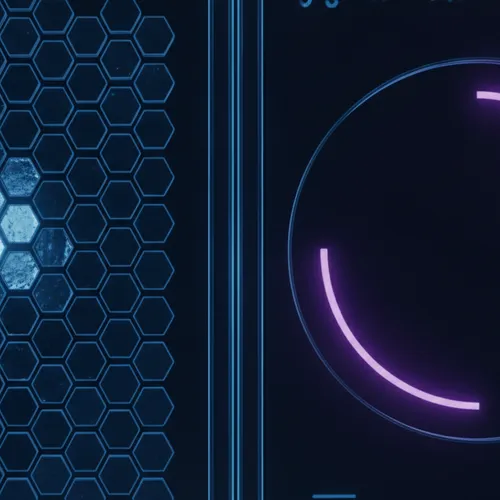 A dense internal event-count lattice next to a separate, simple customer-facing outcome dial, two different displays for two different audiences