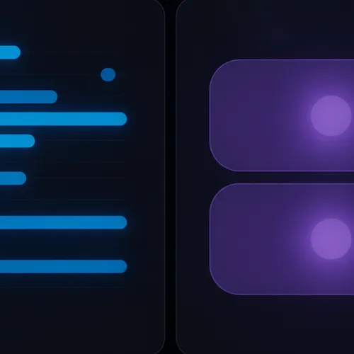 A dense internal evaluation dashboard glowing next to a separate, simple customer-facing metrics view, two different displays for two different audiences