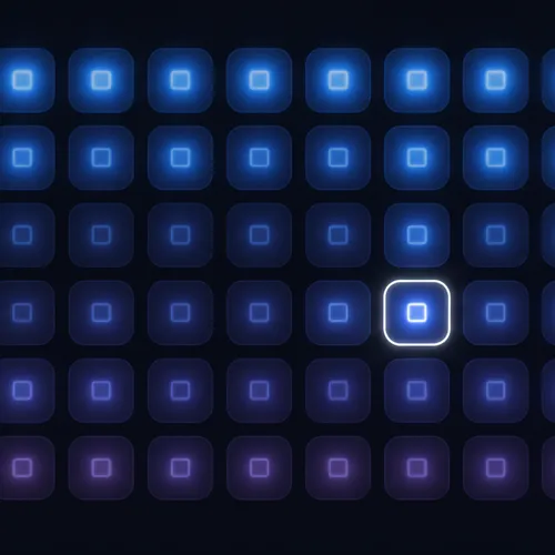 A dense grid of evaluation scores glowing at different intensities, an internal scoring dashboard with no customer-facing view attached to it