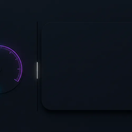 A small internal usage dial glowing blue and violet beside one much larger dark customer-facing panel with no readout inside it