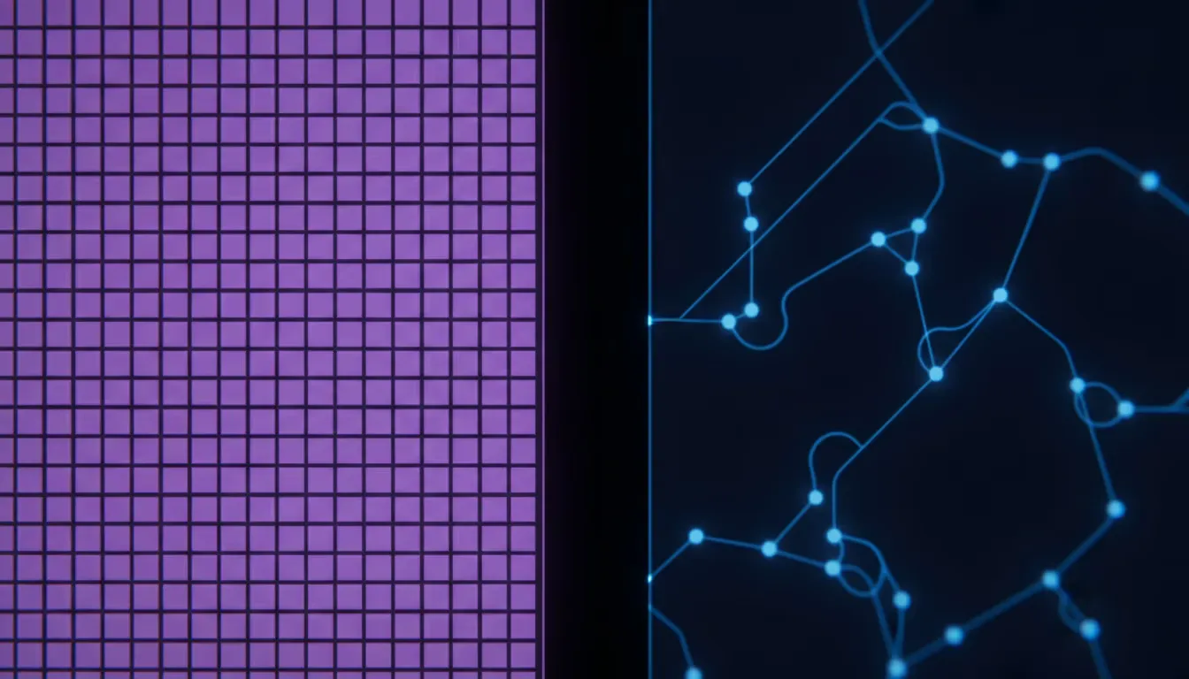 two different orchestration architectures glowing side by side, one rigid grid and one branching network