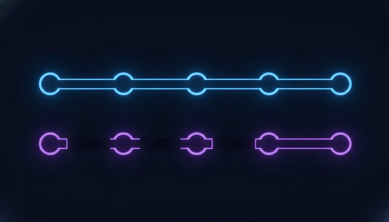 a single glowing trace line running cleanly through checkpoints next to a second, more fragmented trace path